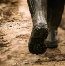close up of the back of a person wearing wellies walking in mud